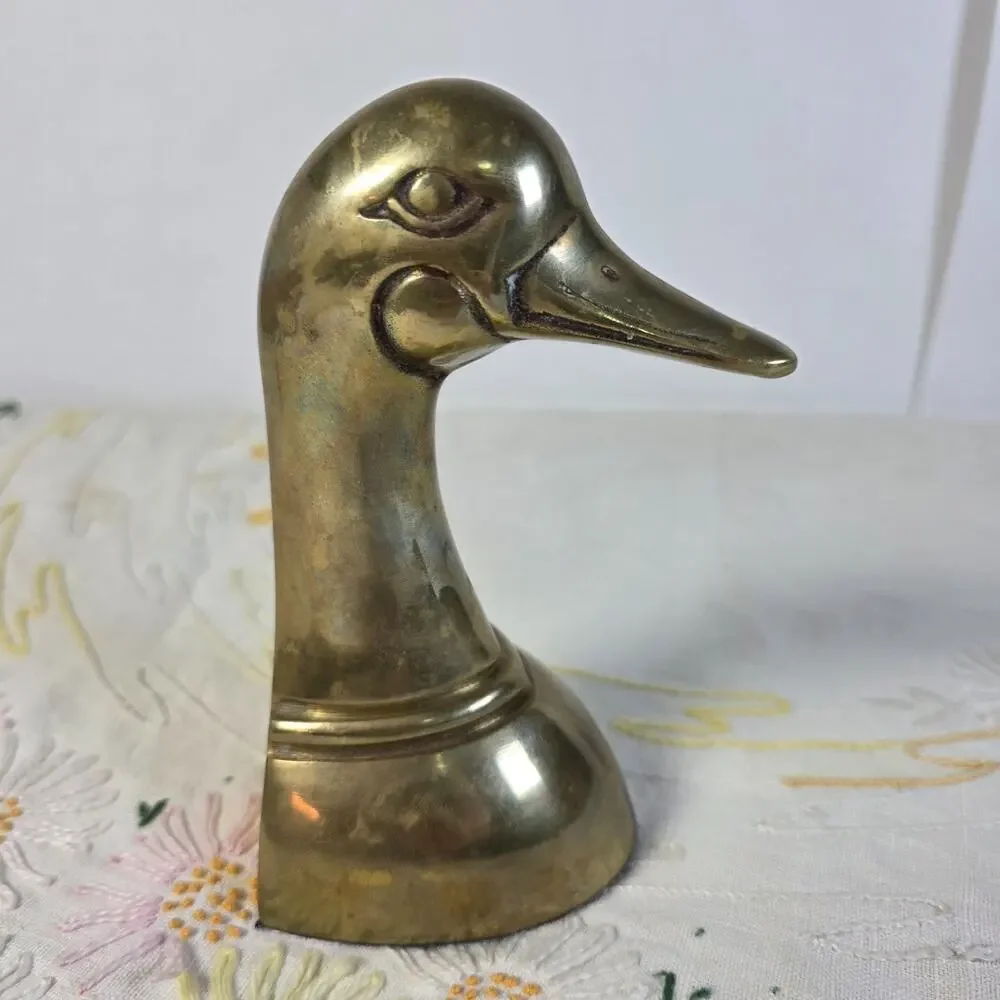 Vintage Brass Duck Head Bookend Goose Bird Single Patina Farmhouse Woodland MCM